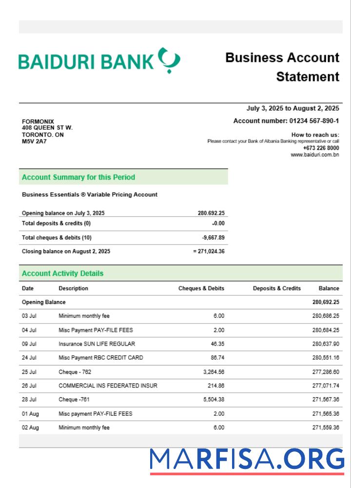 Downloadable Baiduri Bank business account statement Word and PDF template